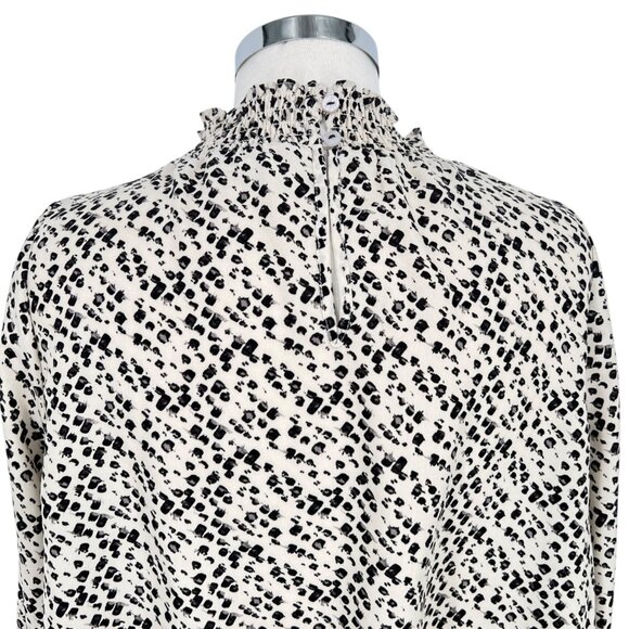 THML Brush Animal Print Smocked Ruffle Blouse Ivory Black Size Medium - Picture 7 of 12